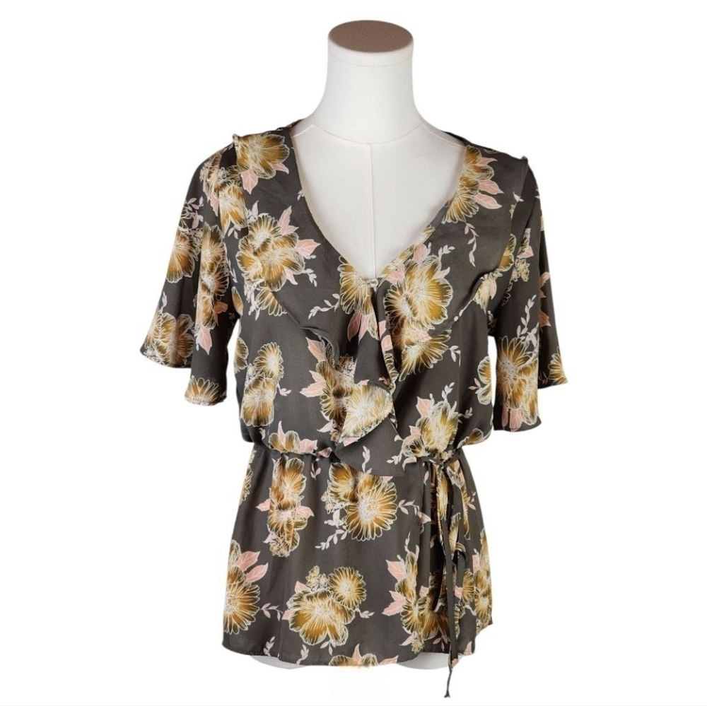 Sienna Sky Floral Wrap Blouse Olive Ruffle Tie Waist Top Size Small
